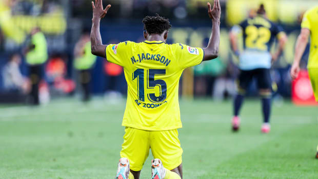 Nicolas Jackson pictured celebrating after scoring a goal for Villarreal against Cadiz in May 2023